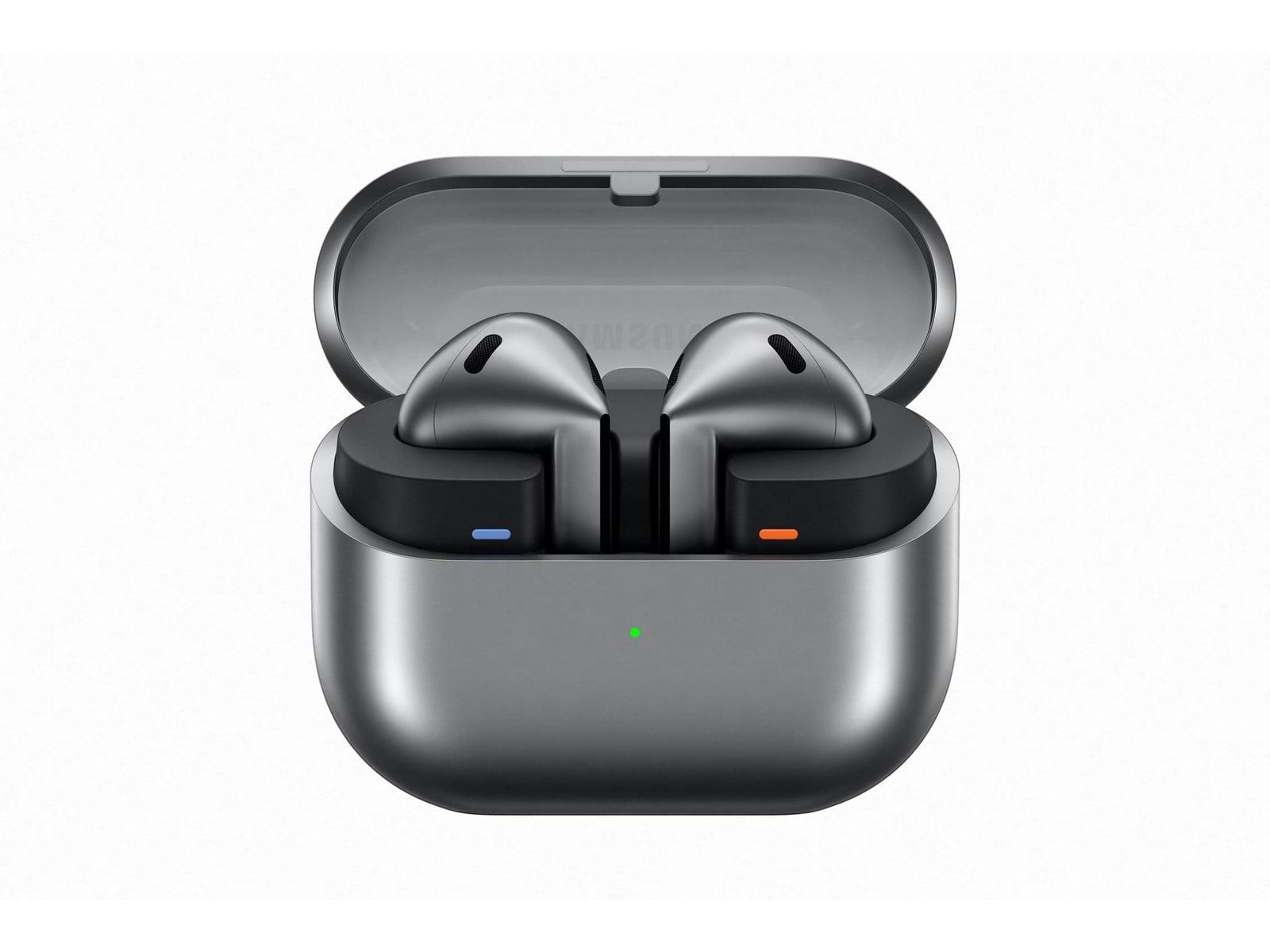 Samsung Galaxy Buds3 sølvfargede trådløse ørepropper med kantete stilkdesign