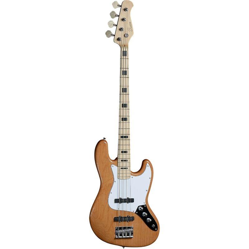 Beaton Mellow el-bass i natur med hvitt plekterbrett og to jazzbass-pickuper