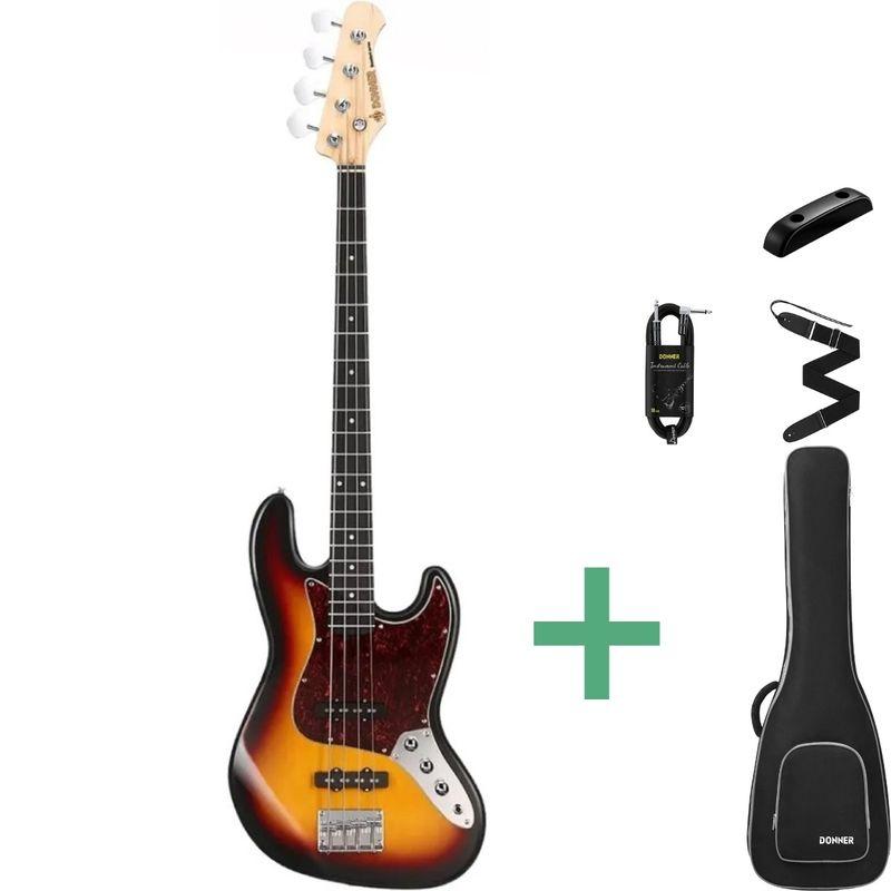 Donner DJB-510D el-bass i sunburst, jazzbass-stil med to single-coil-pickuper